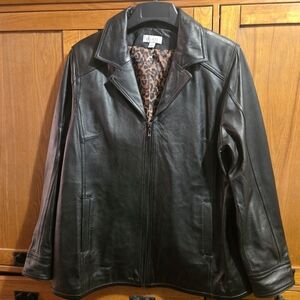 Denim & Co. Black Leather Women's Jacket With Leopard Print Lining Size Large